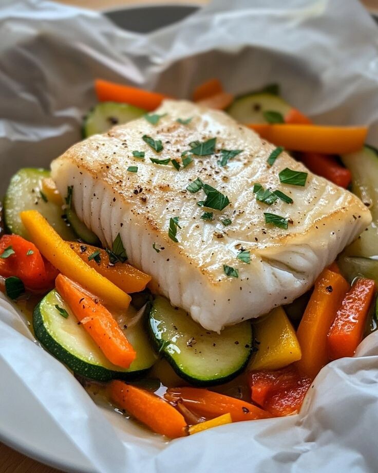 Полезный ужин: запечённая рыба с овощами