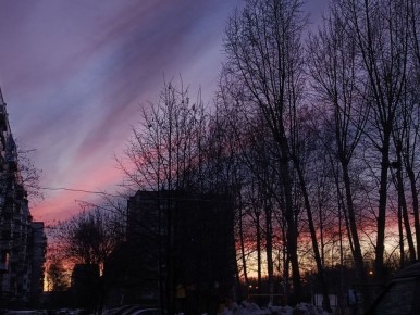 Вечерний Новосибирск радует розово-фиолетовым закатом