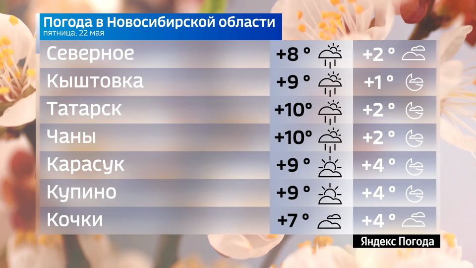 Прогноз погоды на 22 мая 2026 года в Новосибирской области Прогноз погоды на 22 мая 2026 года в Новосибирской области