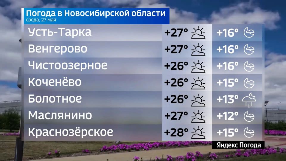 Прогноз погоды на 27 мая 2026 года в Новосибирской области Прогноз погоды на 27 мая 2026 года в Новосибирской области