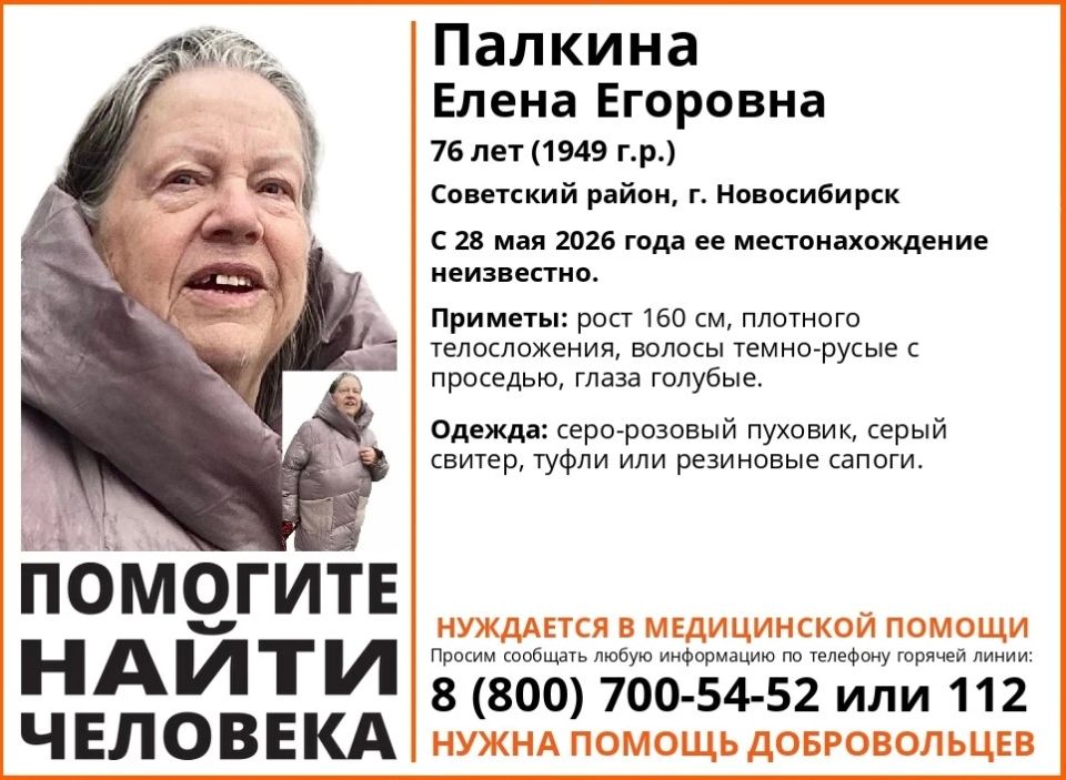 Пропал человек. В Советском районе Новосибирска 28 мая без вести пропала 76-летняя Елена Палкина
