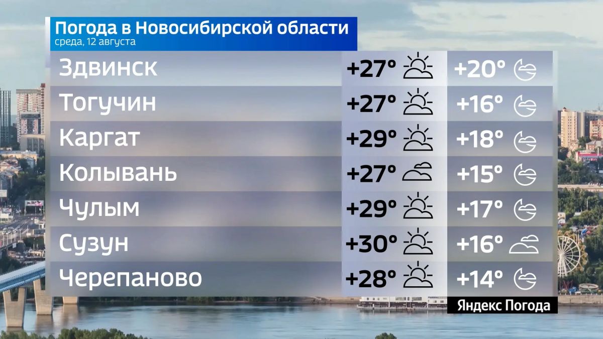 Прогноз погоды на 12 августа 2026 года в Новосибирской области Прогноз погоды на 12 августа 2026 года в Новосибирской области