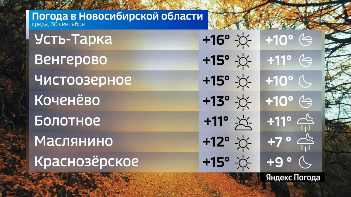 Прогноз погоды на 30 сентября 2026 года в Новосибирской области Прогноз погоды на 30 сентября 2026 года в Новосибирской области